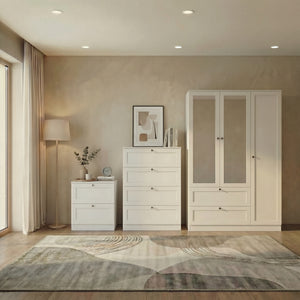Altino 3 Piece Bedroom Furniture Set (2 Drawer Bedside, 4 Drawer Chest, 3 Door 2 Drawer Wardrobe), White
