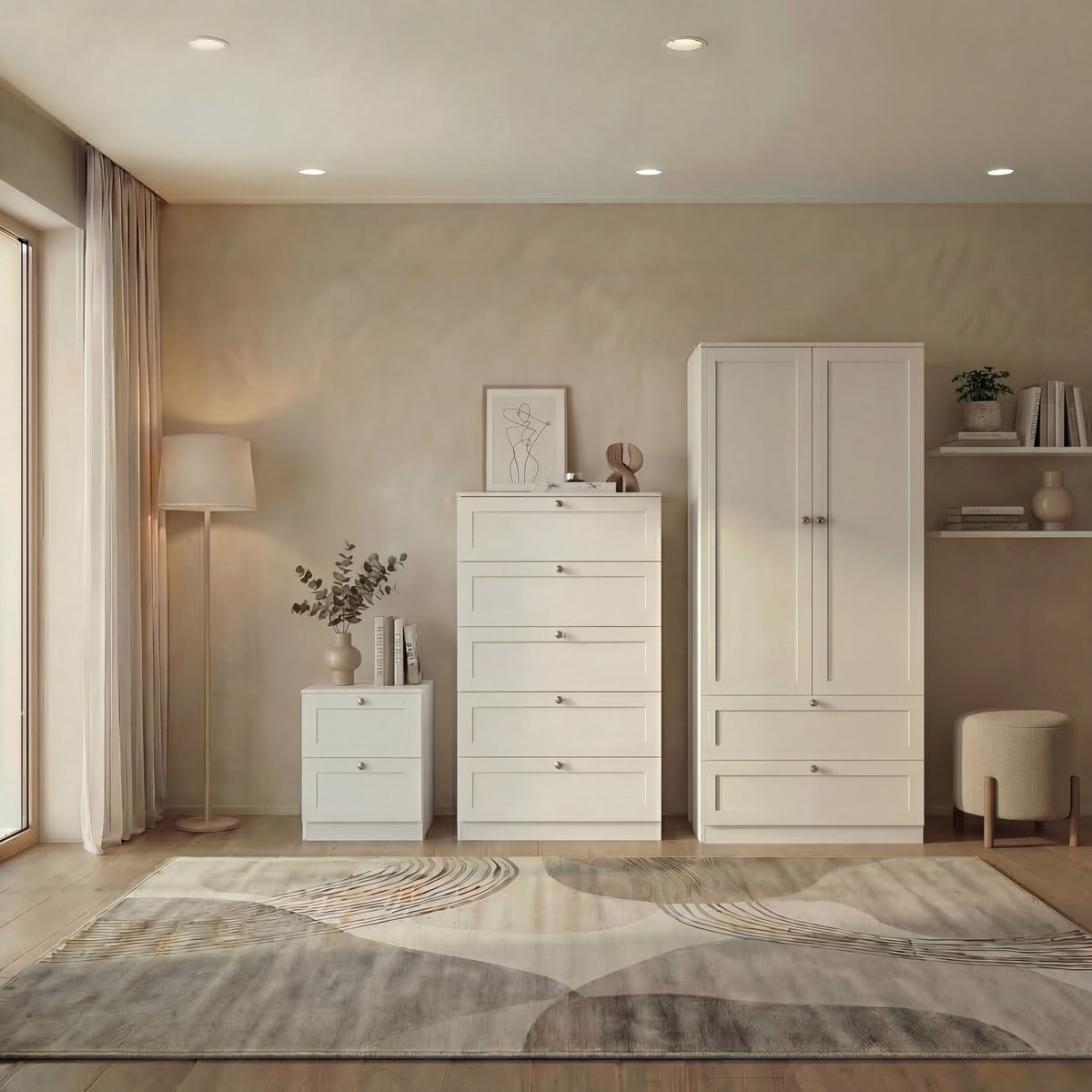 Altino 3 Piece Bedroom Furniture Set (2 Drawer Bedside, 5 Drawer Chest, 2 Door 2 Drawer Wardrobe), White