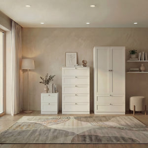 Altino 3 Piece Bedroom Furniture Set (2 Drawer Bedside, 5 Drawer Chest, 2 Door 2 Drawer Wardrobe), White