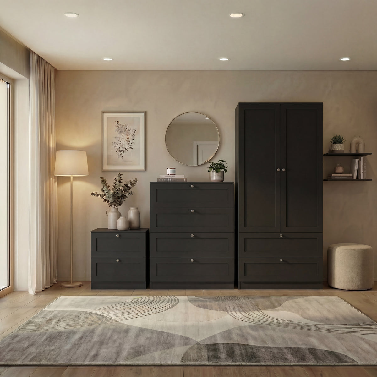 Altino 3 Piece Bedroom Furniture Set (2 Drawer Bedside, 4 Drawer Chest, 2 Door 2 Drawer Wardrobe), Black
