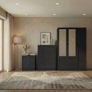 Altino 3 Piece Bedroom Furniture Set (2 Drawer Bedside, 4 Drawer Chest, 3 Door 2 Drawer Wardrobe), Black