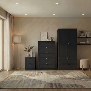 Altino 3 Piece Bedroom Furniture Set (2 Drawer Bedside, 5 Drawer Chest, 2 Door 2 Drawer Wardrobe), Black