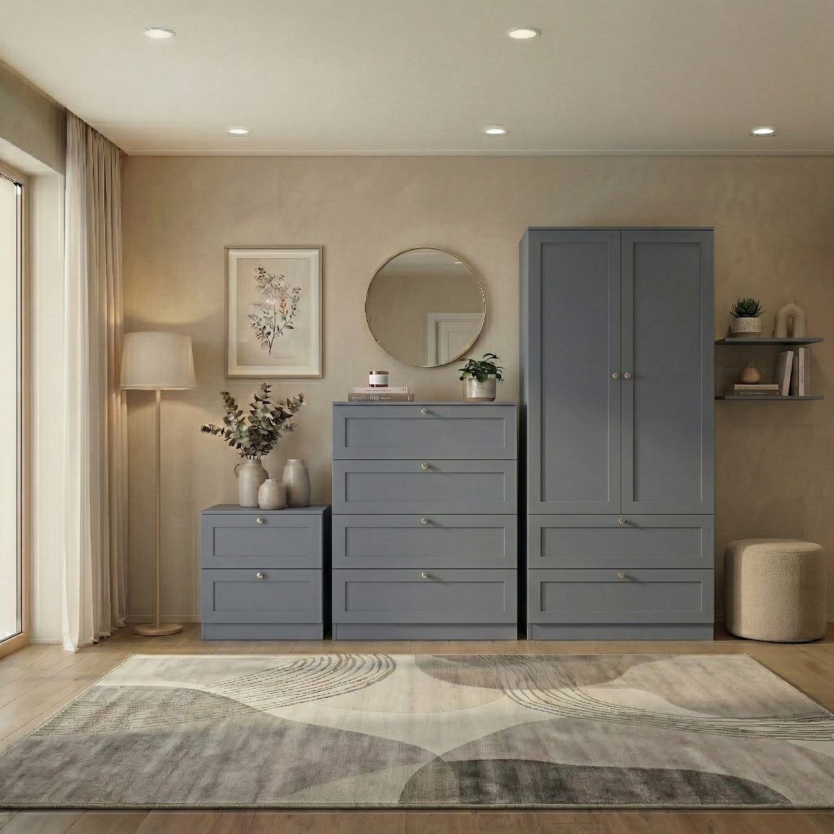 Altino 3 Piece Bedroom Furniture Set (2 Drawer Bedside, 4 Drawer Chest, 2 Door 2 Drawer Wardrobe), Grey