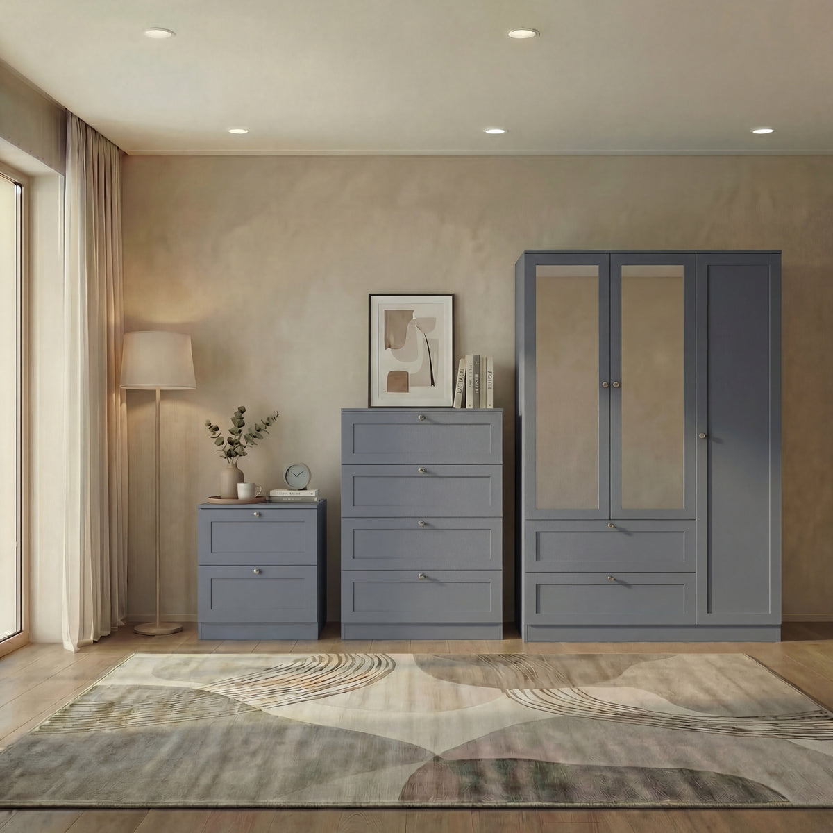 Altino 3 Piece Bedroom Furniture Set (2 Drawer Bedside, 4 Drawer Chest, 3 Door 2 Drawer Wardrobe), Grey