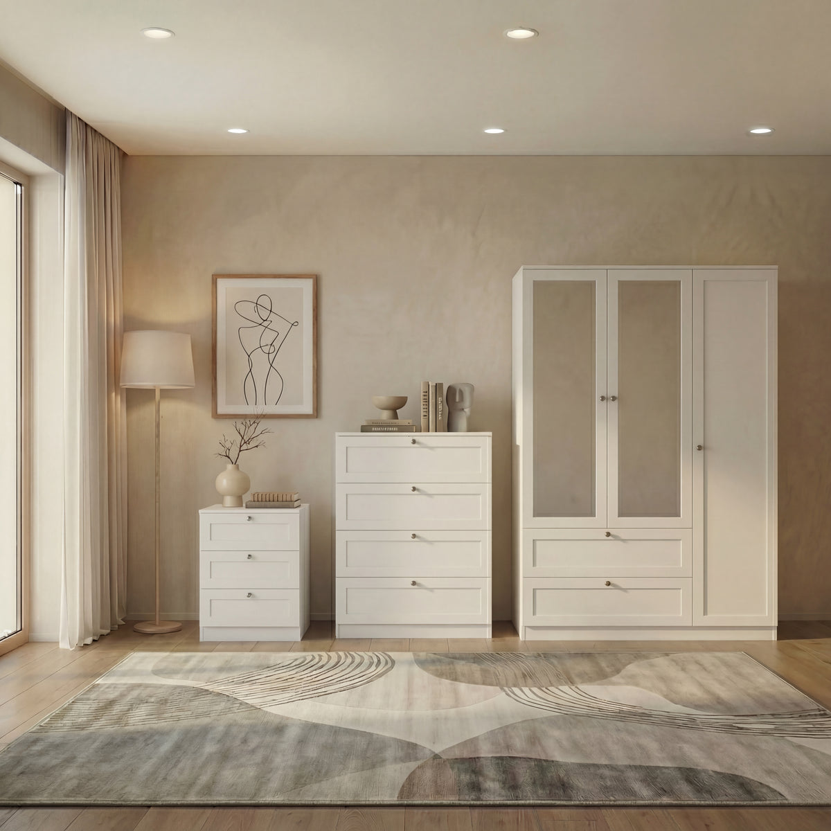 Altino 3 Piece Bedroom Furniture Set (3 Drawer Bedside, 4 Drawer Chest, 3 Door 2 Drawer Wardrobe), White
