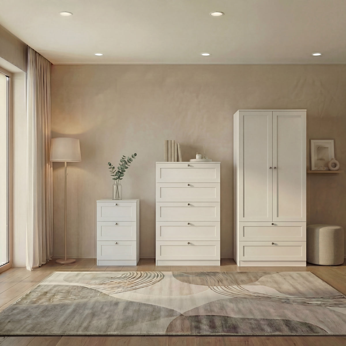 Altino 3 Piece Bedroom Furniture Set (3 Drawer Bedside, 5 Drawer Chest, 2 Door 2 Drawer Wardrobe), White
