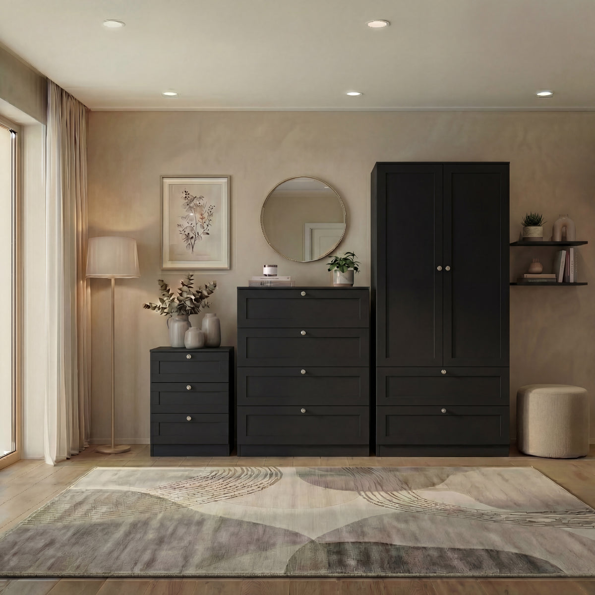 Altino 3 Piece Bedroom Furniture Set (3 Drawer Bedside, 4 Drawer Chest, 2 Door 2 Drawer Wardrobe), Black