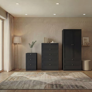 Altino 3 Piece Bedroom Furniture Set (3 Drawer Bedside, 5 Drawer Chest, 2 Door 2 Drawer Wardrobe), Black