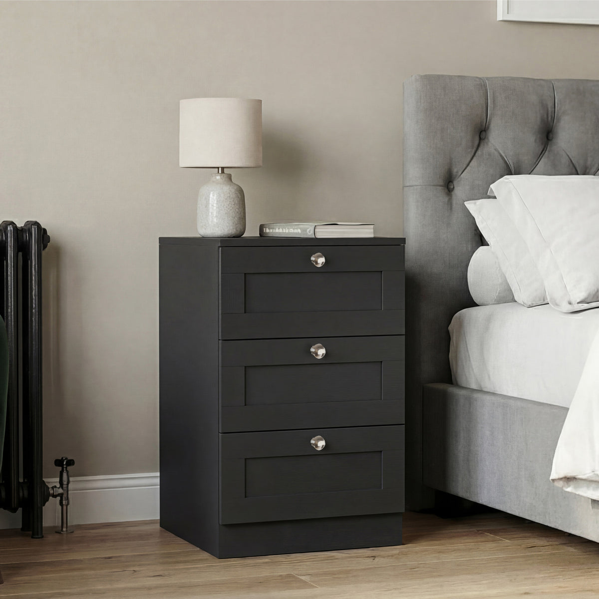 Altino 3 Piece Bedroom Furniture Set (3 Drawer Bedside, 5 Drawer Chest, 2 Door 2 Drawer Wardrobe), Black