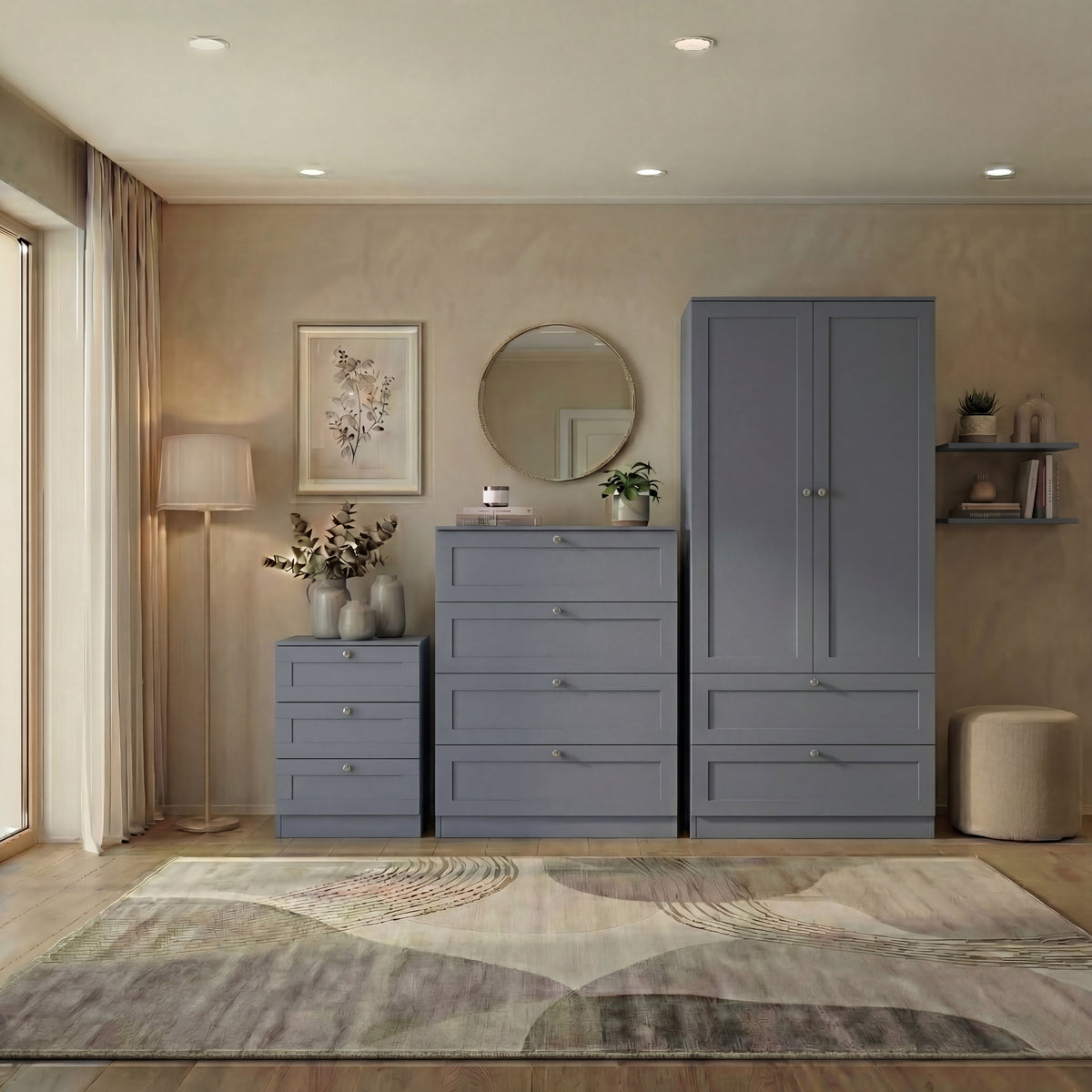 Altino 3 Piece Bedroom Furniture Set (3 Drawer Bedside, 4 Drawer Chest, 2 Door 2 Drawer Wardrobe), Grey