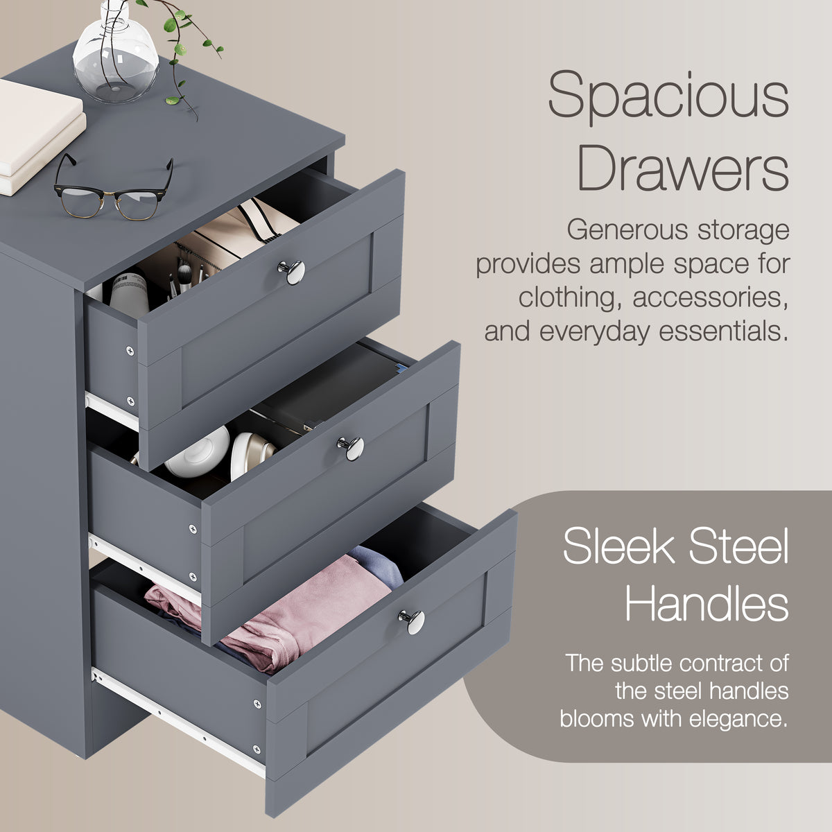 Altino 3 Drawer Bedside Chest, Grey