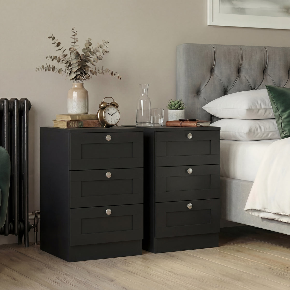 Altino 3 Drawer Bedside Chest Set of 2, Black