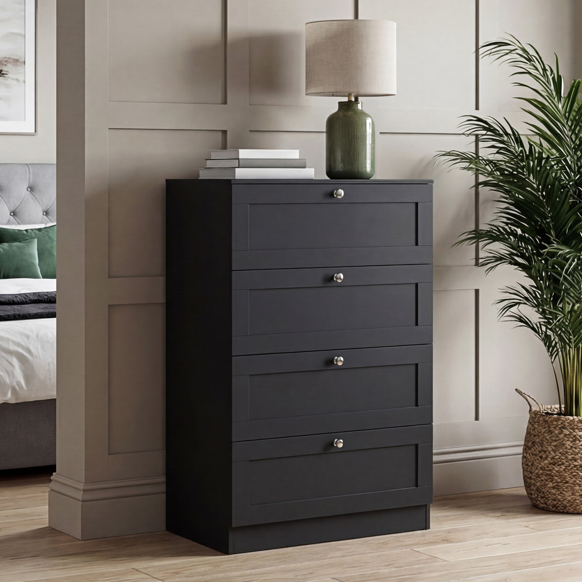 Altino 3 Piece Bedroom Furniture Set (2 Drawer Bedside, 4 Drawer Chest, 3 Door 2 Drawer Wardrobe), Black
