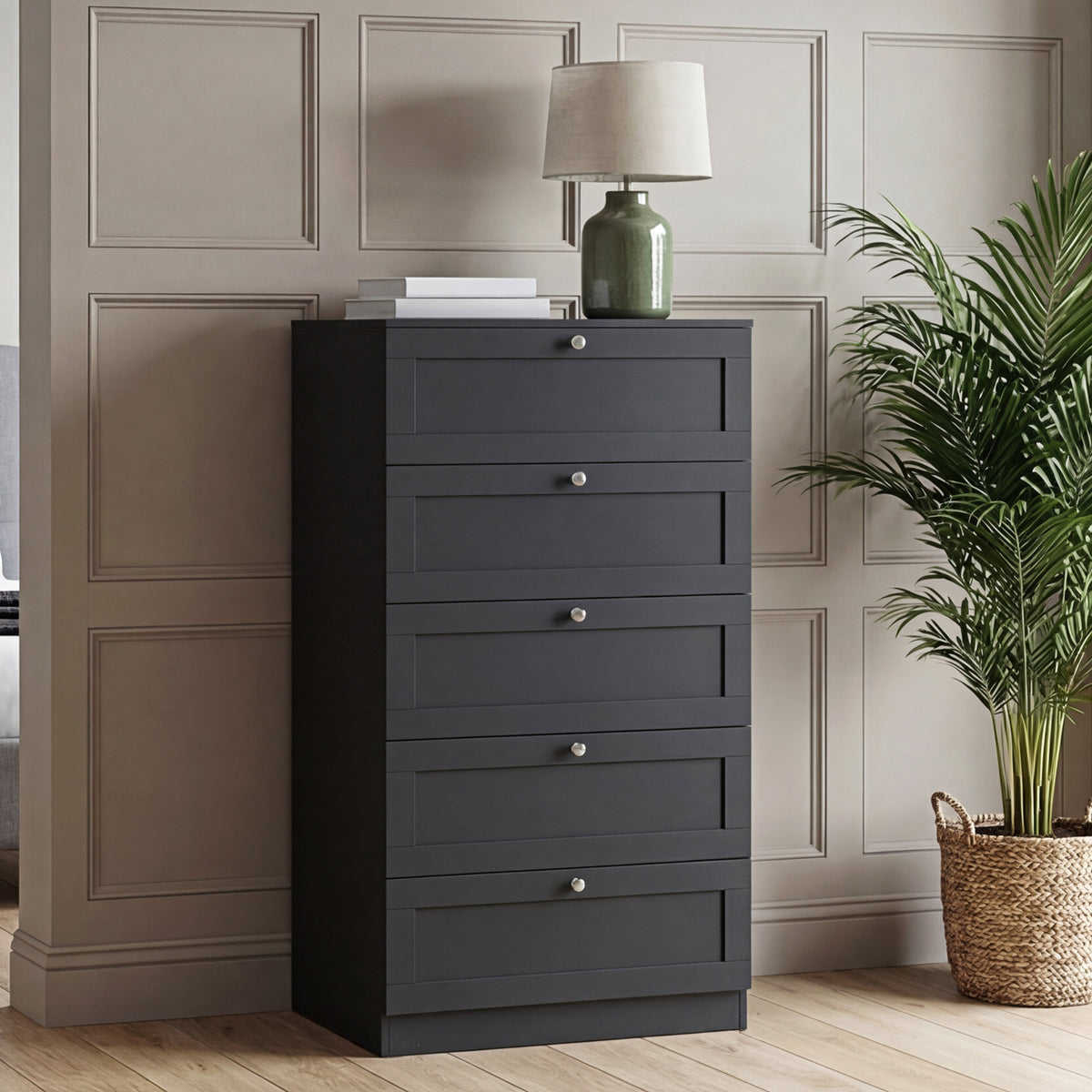 Altino 3 Piece Bedroom Furniture Set (2 Drawer Bedside, 5 Drawer Chest, 2 Door 2 Drawer Wardrobe), Black