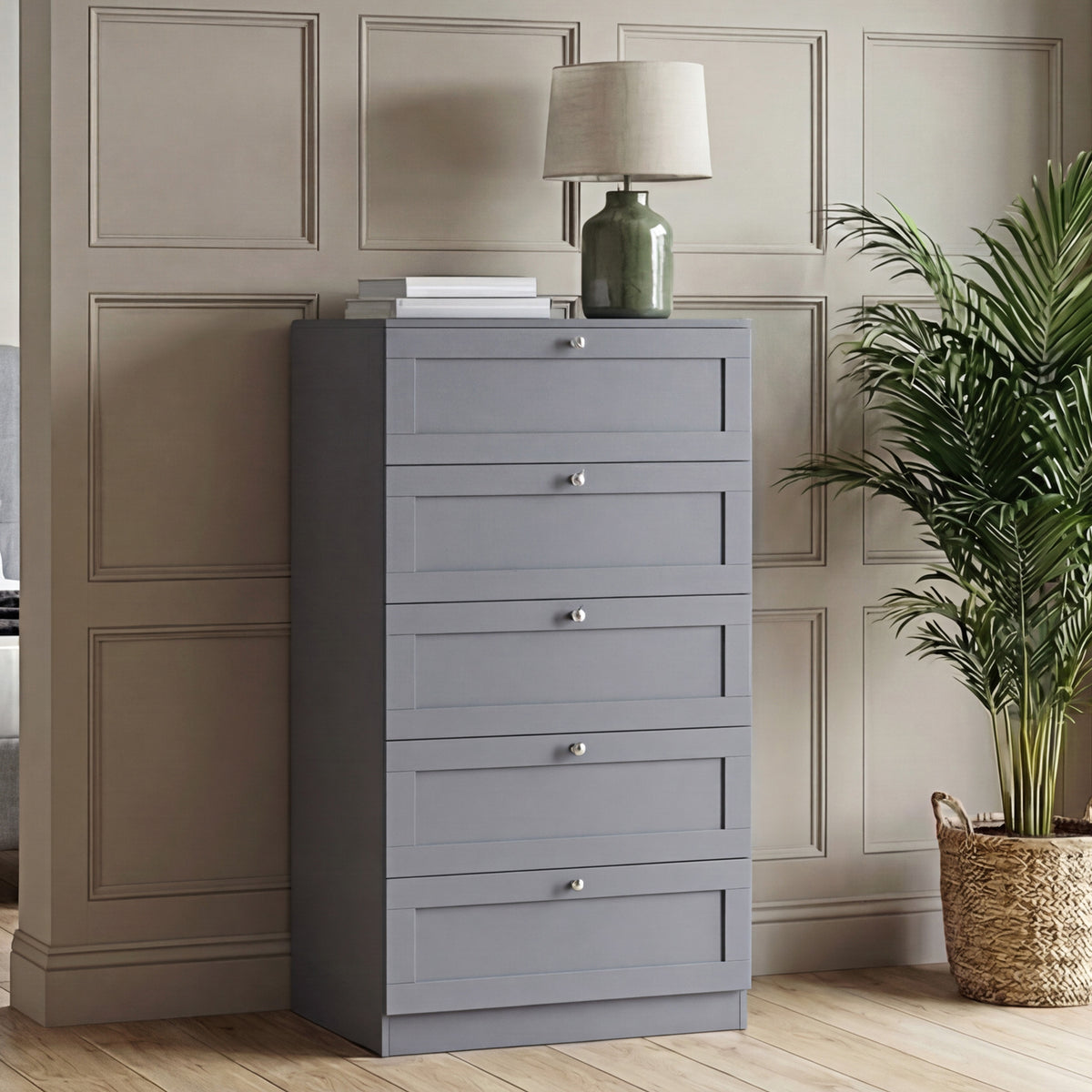 Altino 3 Piece Bedroom Furniture Set (2 Drawer Bedside, 5 Drawer Chest, 2 Door 2 Drawer Wardrobe), Grey