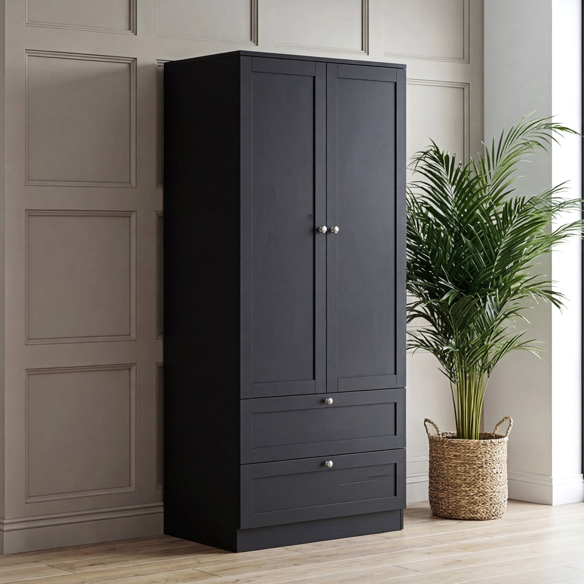Altino 3 Piece Bedroom Furniture Set (2 Drawer Bedside, 5 Drawer Chest, 2 Door 2 Drawer Wardrobe), Black