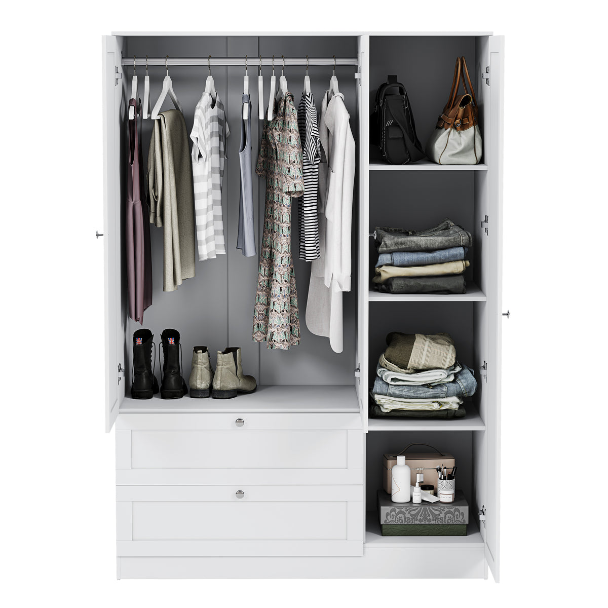 Altino 3 Piece Bedroom Furniture Set (2 Drawer Bedside, 4 Drawer Chest, 3 Door 2 Drawer Wardrobe), White