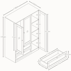 Altino 3 Piece Bedroom Furniture Set (2 Drawer Bedside, 4 Drawer Chest, 3 Door 2 Drawer Wardrobe), White