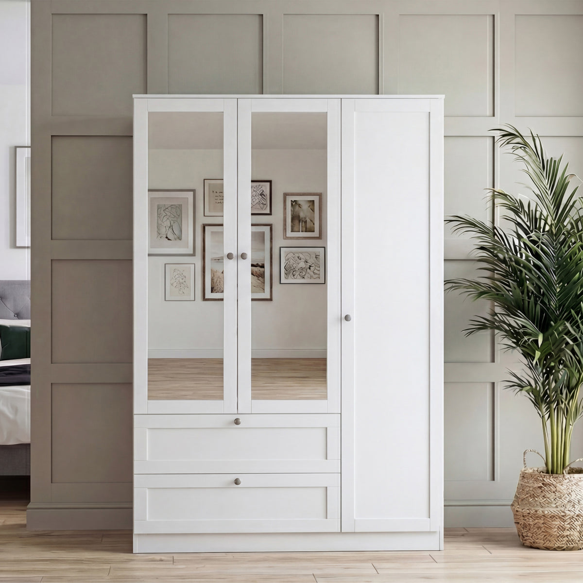 Altino 3 Piece Bedroom Furniture Set (2 Drawer Bedside, 4 Drawer Chest, 3 Door 2 Drawer Wardrobe), White