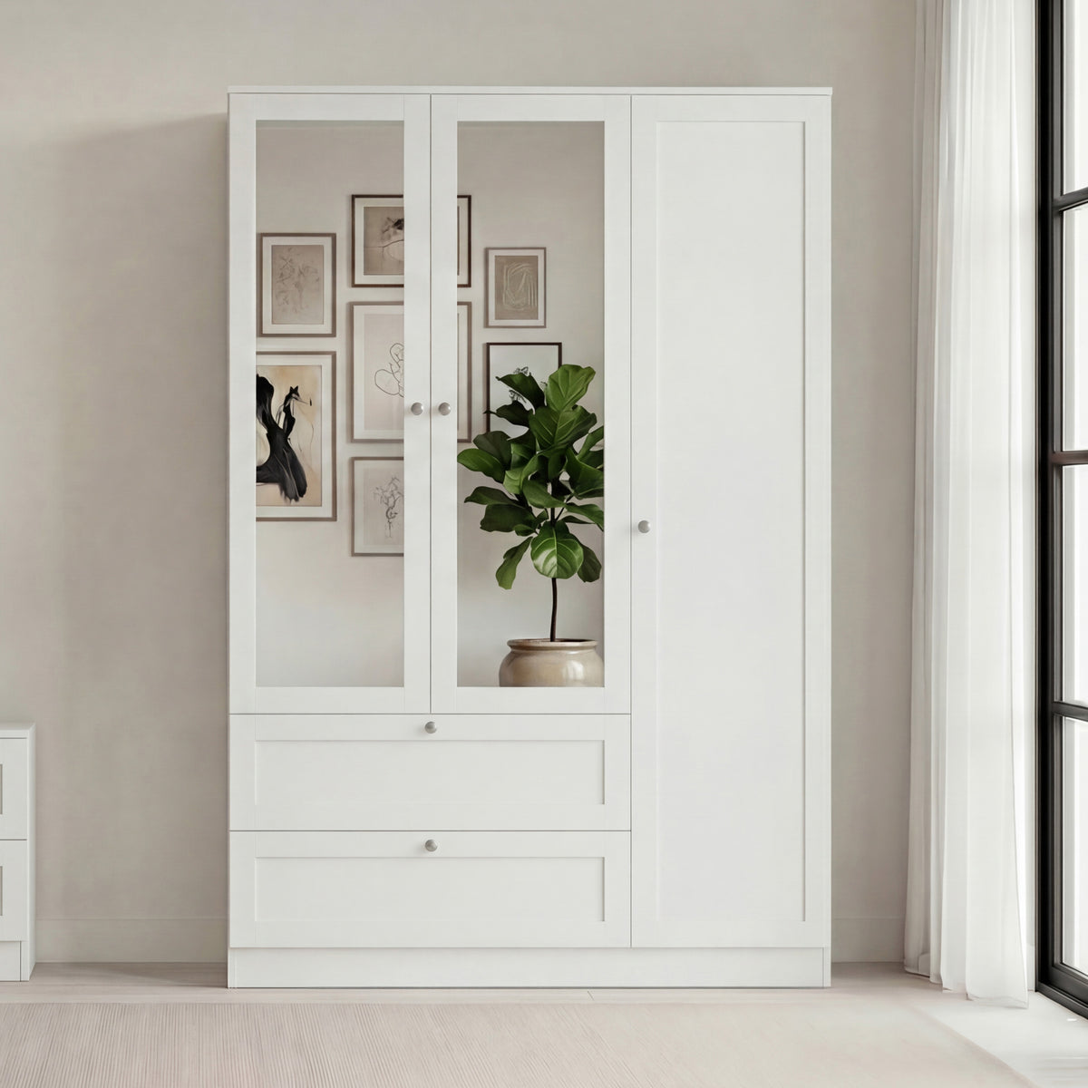 Altino 3 Door 2 Drawer Mirrored Wardrobe, White