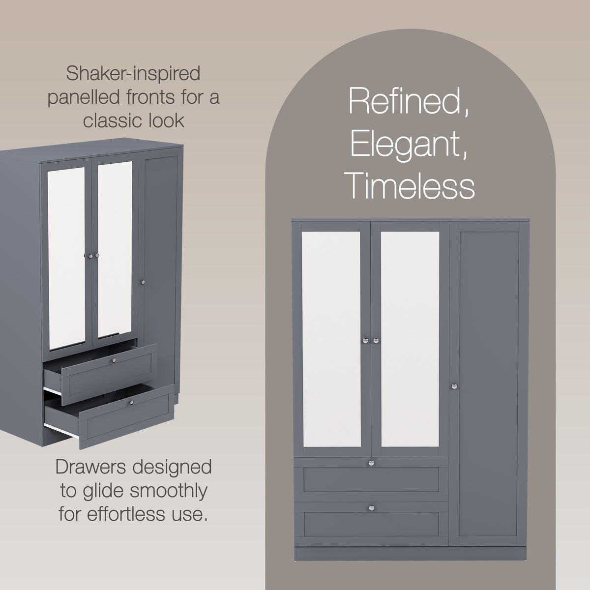 Altino 3 Door 2 Drawer Mirrored Wardrobe, Grey