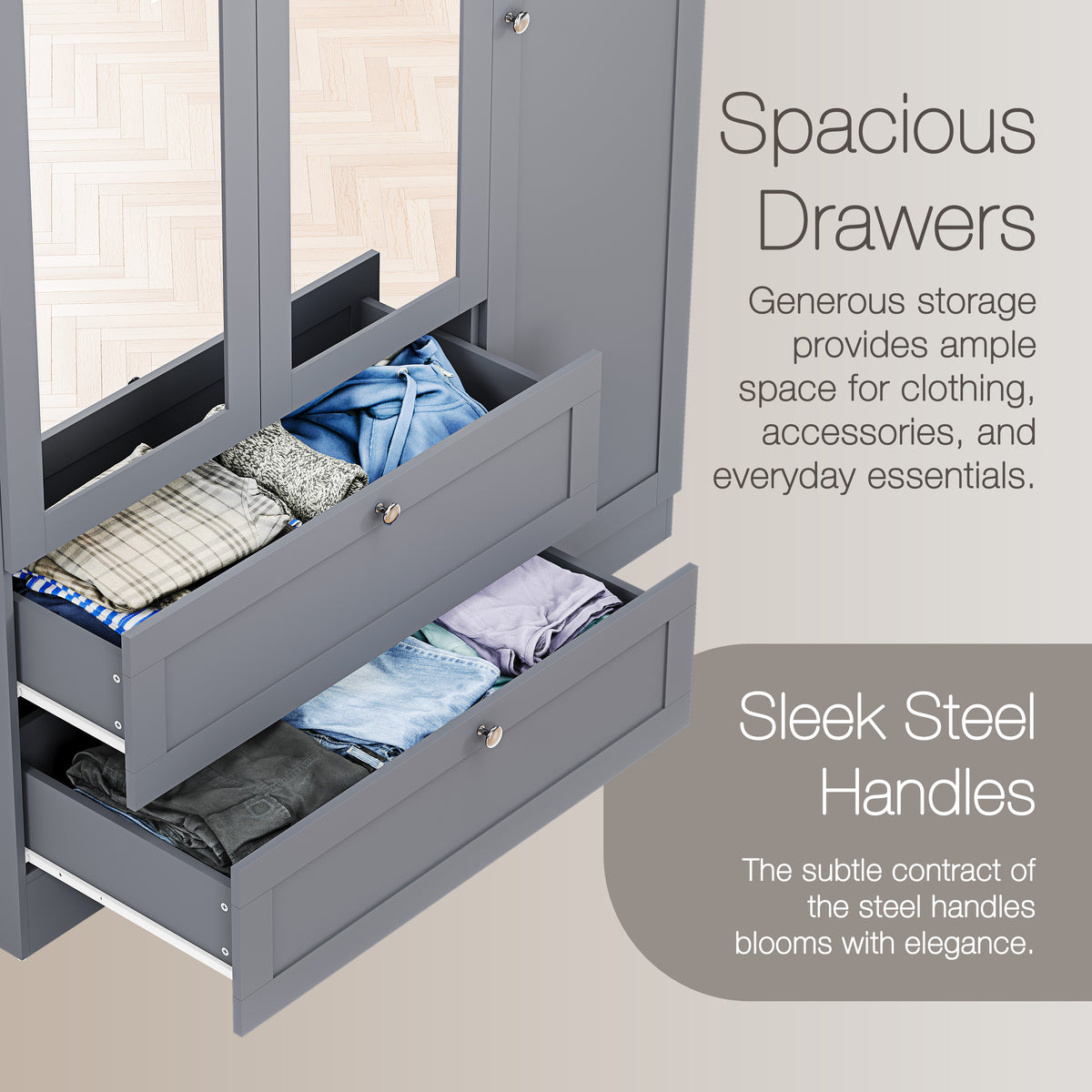 Altino 3 Piece Bedroom Furniture Set (2 Drawer Bedside, 4 Drawer Chest, 3 Door 2 Drawer Wardrobe), Grey