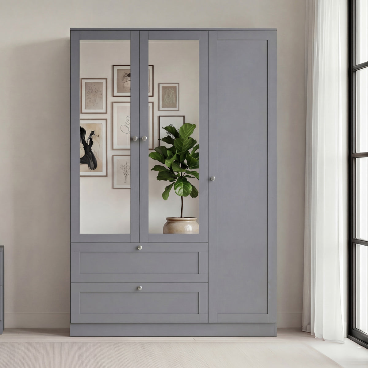 Altino 3 Door 2 Drawer Mirrored Wardrobe, Grey