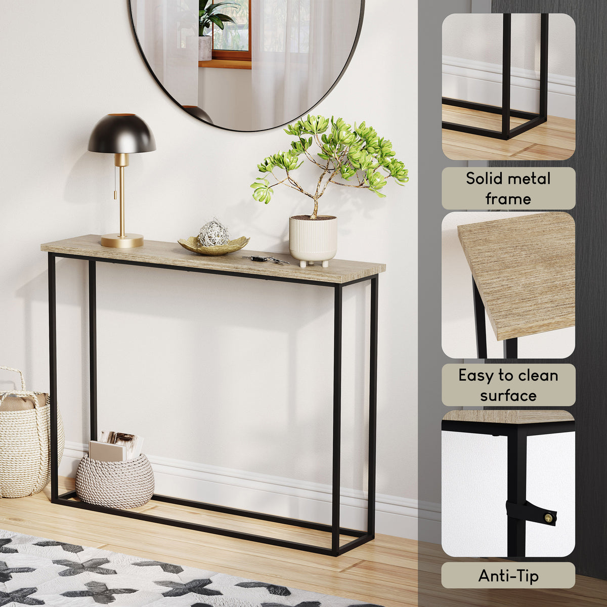 Console Table With Metal Legs, Oak & Black