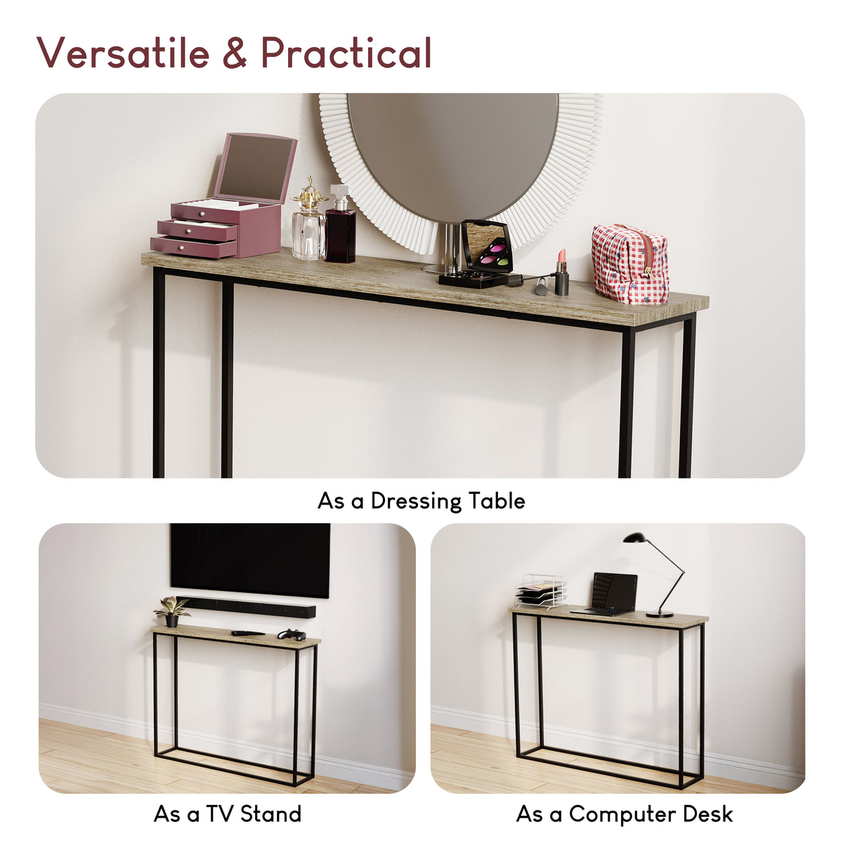 Console Table With Metal Legs, Oak & Black