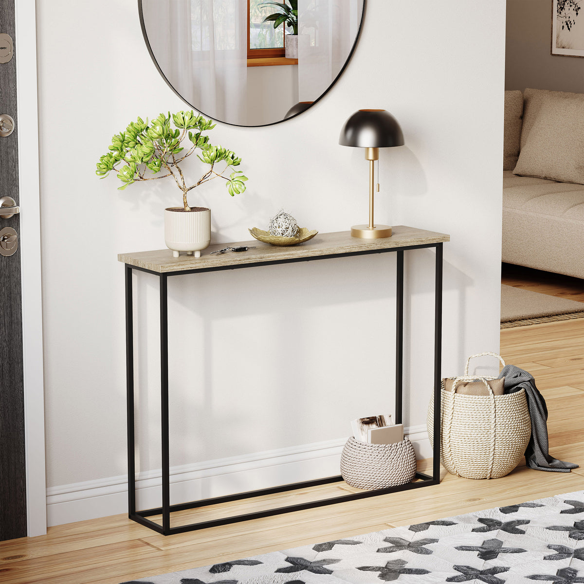 Console Table With Metal Legs, Oak & Black