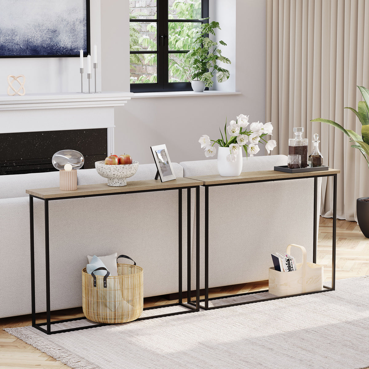 Console Table With Metal Legs, Oak & Black