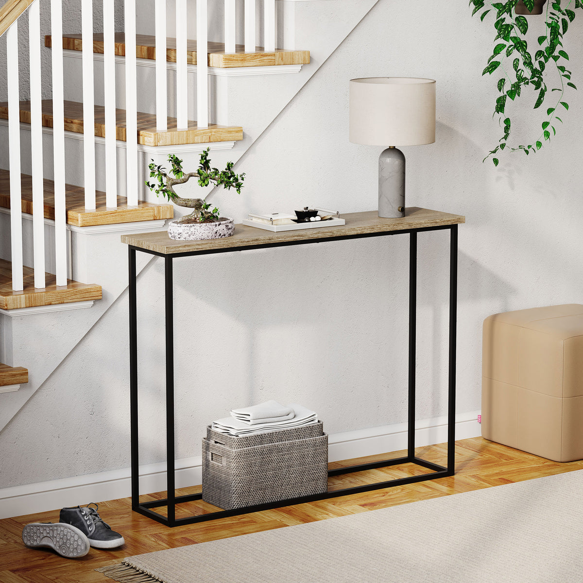 Console Table With Metal Legs, Oak & Black