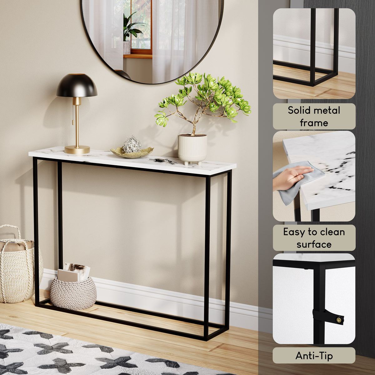 Console Table With Metal Legs, White Marble & Black