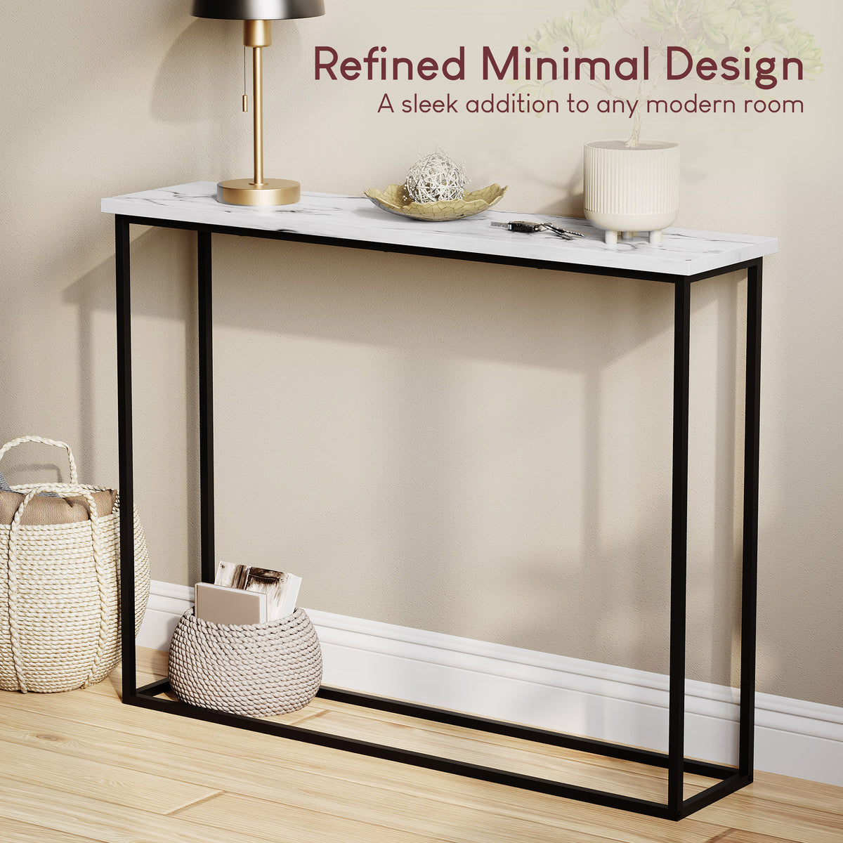 Console Table With Metal Legs, White Marble & Black