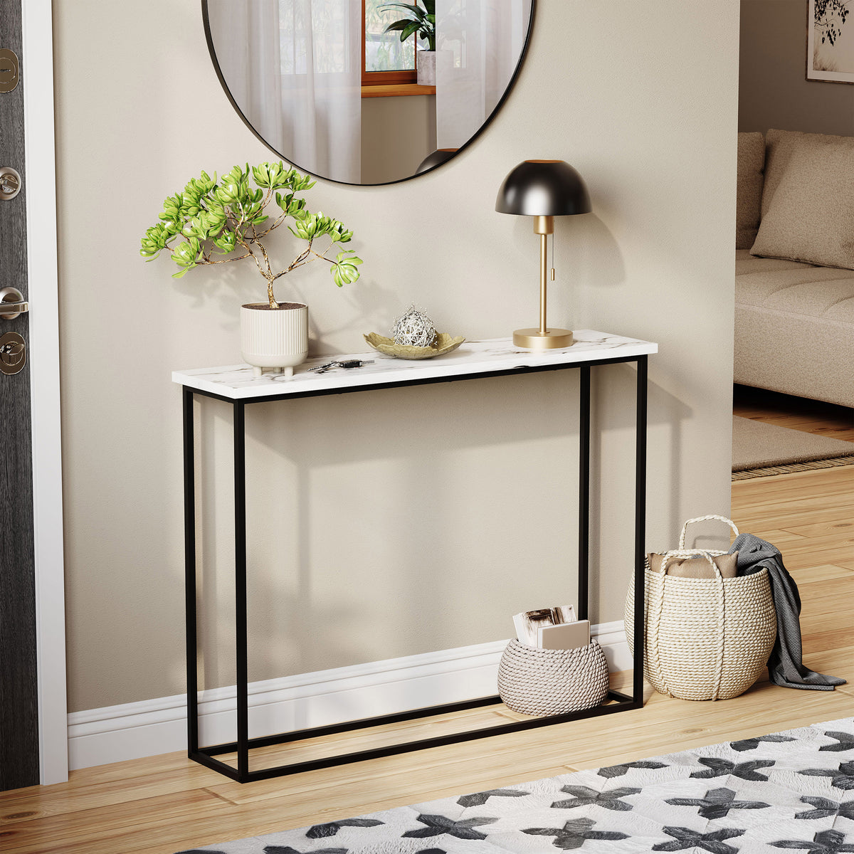 Console Table With Metal Legs, White Marble & Black