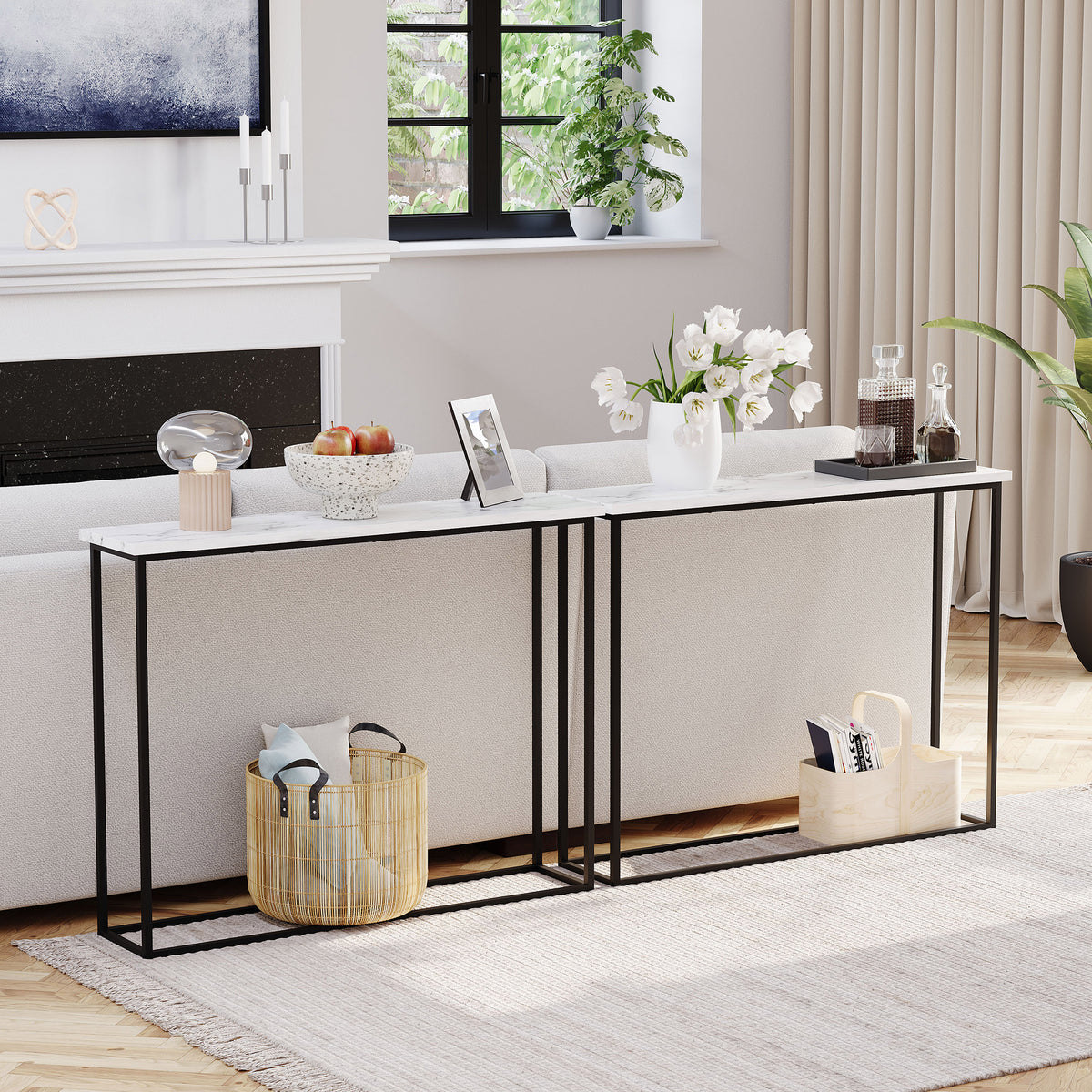 Console Table With Metal Legs, White Marble & Black
