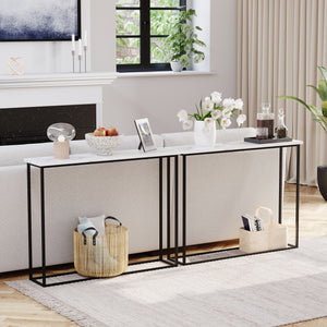 Console Table With Metal Legs, White Marble & Black