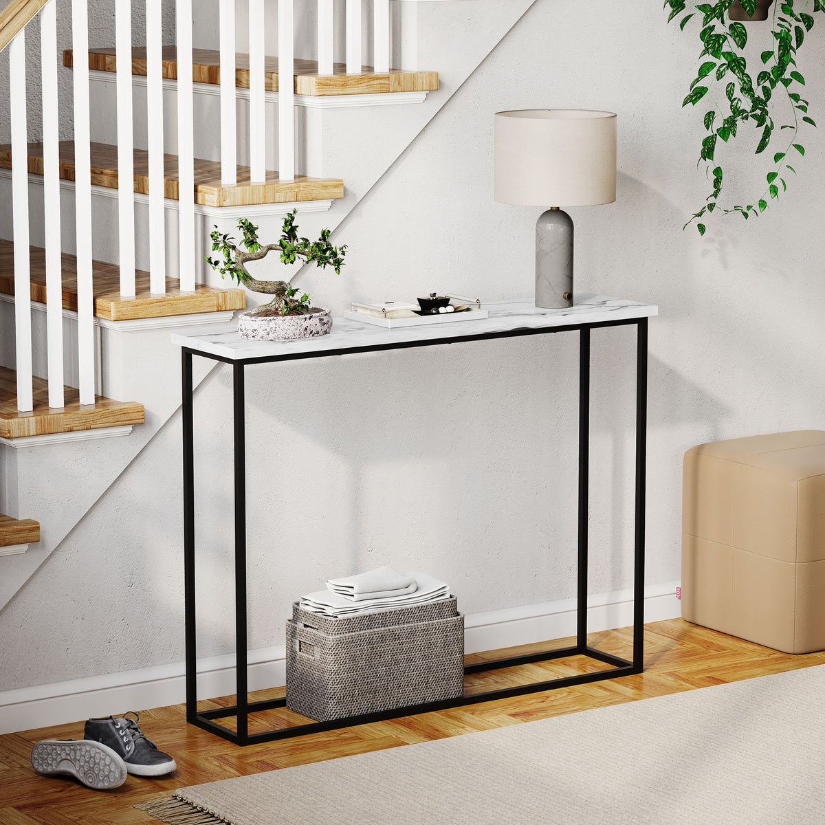 Console Table With Metal Legs, White Marble & Black