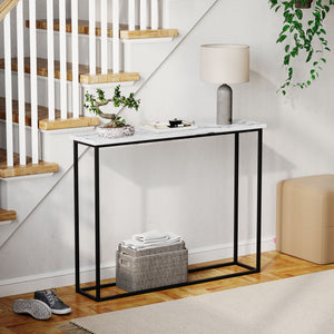 Console Table With Metal Legs, White Marble & Black