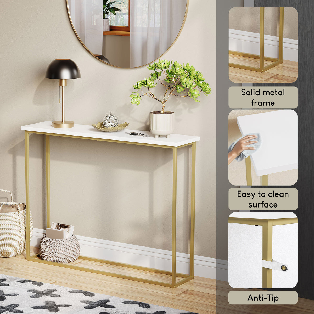 Console Table With Metal Legs, White & Gold