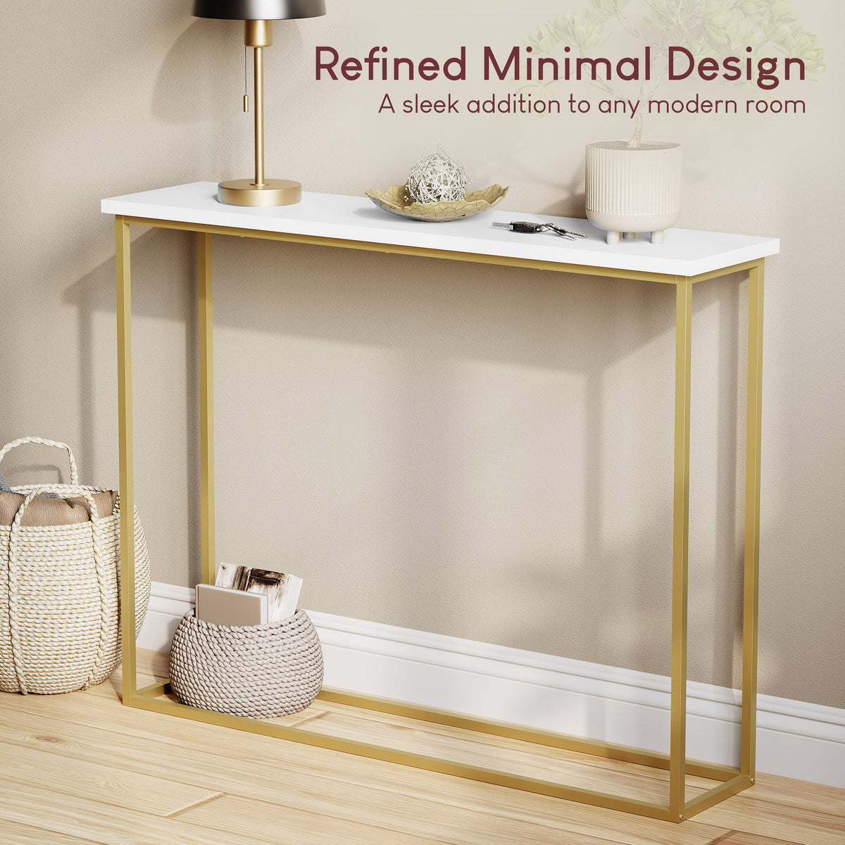 Console Table With Metal Legs, White & Gold