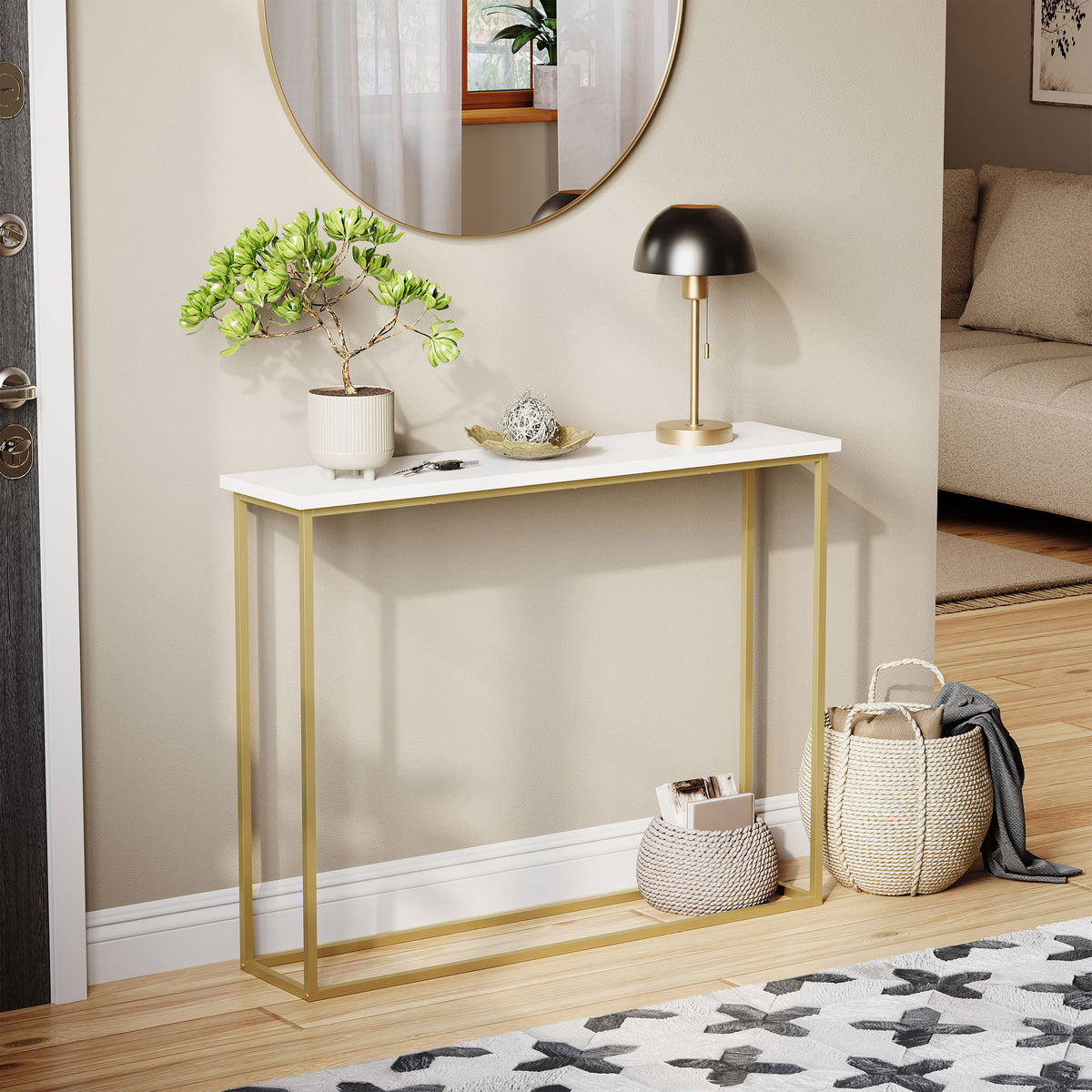Console Table With Metal Legs, White & Gold