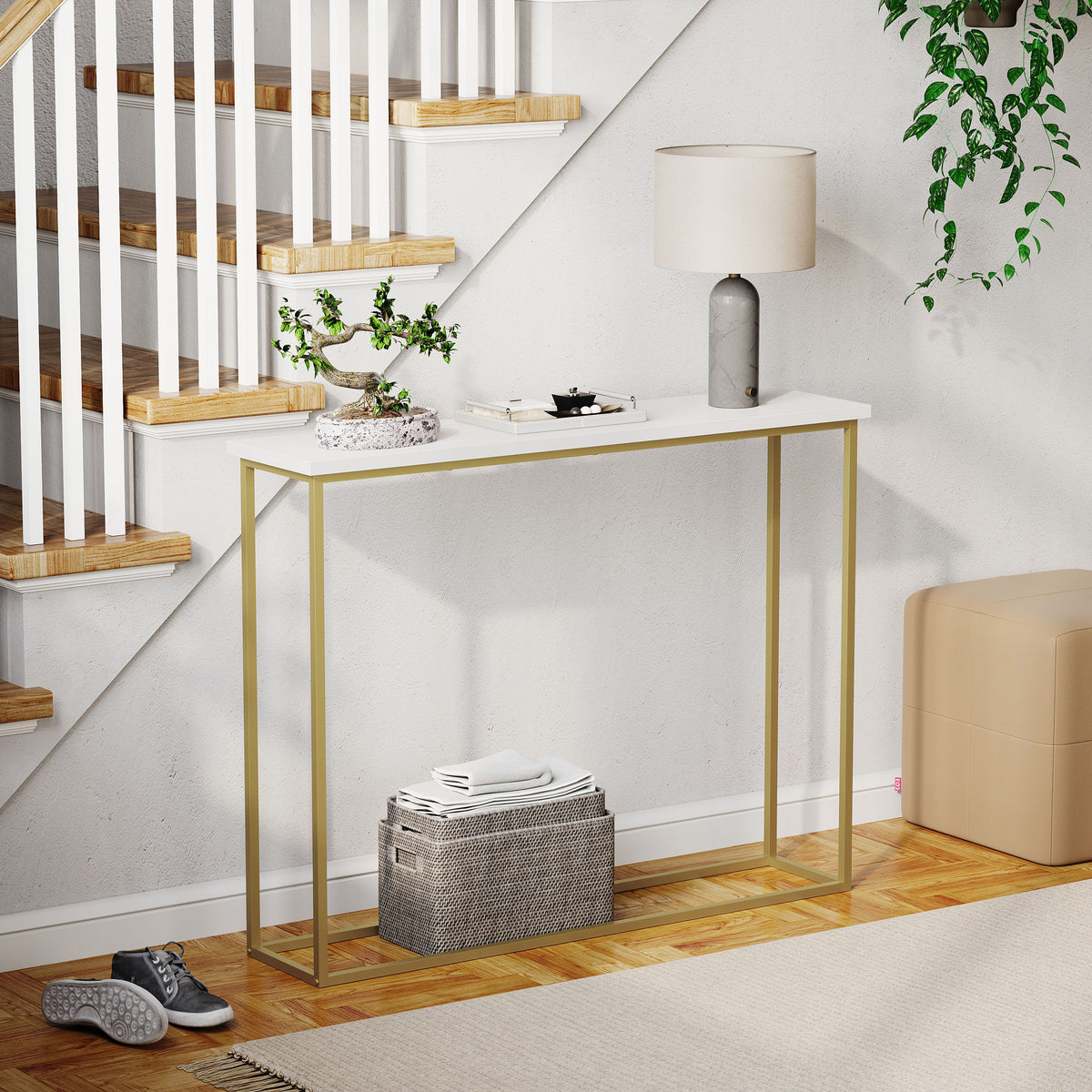 Console Table With Metal Legs, White & Gold