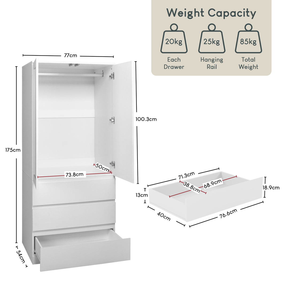 Denver 2 Door 3 Drawer Mirrored Wardrobe, White | Spacious Bedroom Storage
