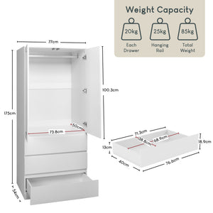 Denver 2 Door 3 Drawer Mirrored Wardrobe, White | Spacious Bedroom Storage
