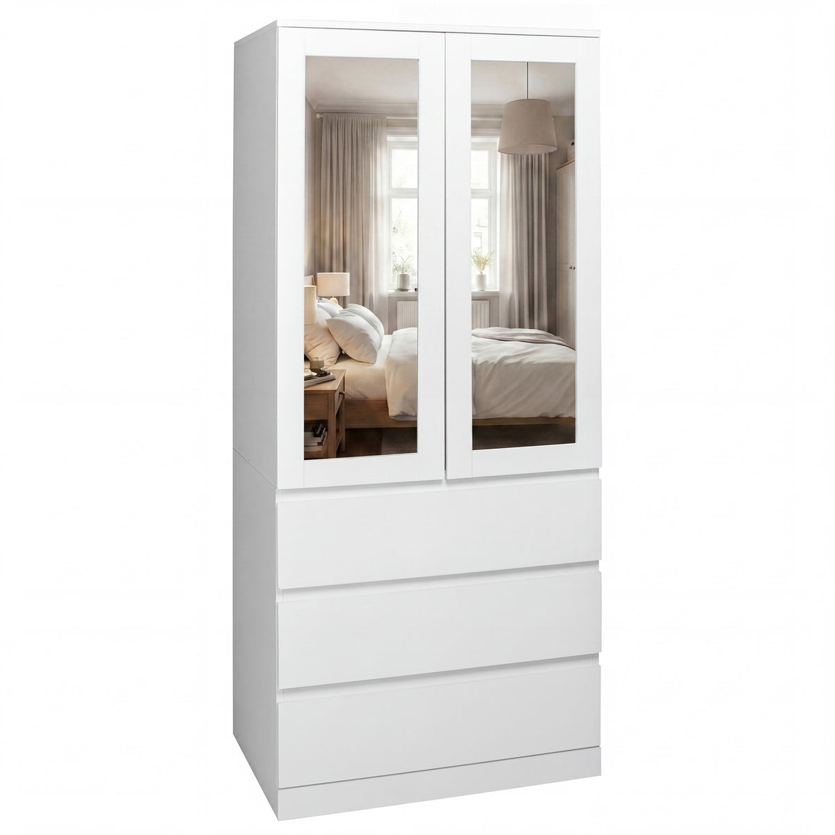 Denver 2 Door 3 Drawer Mirrored Wardrobe, White | Spacious Bedroom Storage
