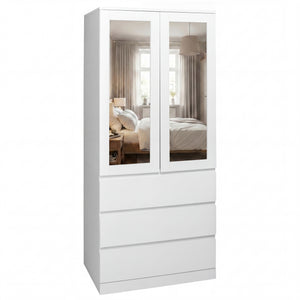 Denver 2 Door 3 Drawer Mirrored Wardrobe, White | Spacious Bedroom Storage
