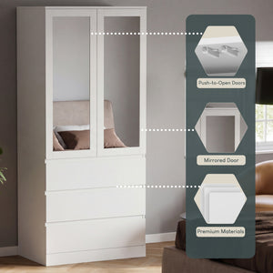 Denver 2 Door 3 Drawer Mirrored Wardrobe, White | Spacious Bedroom Storage
