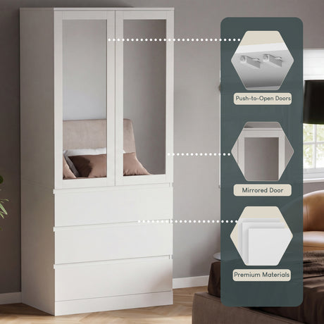 Denver 2 Door 3 Drawer Mirrored Wardrobe, White | Spacious Bedroom Storage
