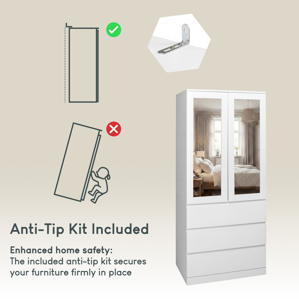 Denver 2 Door 3 Drawer Mirrored Wardrobe, White | Spacious Bedroom Storage
